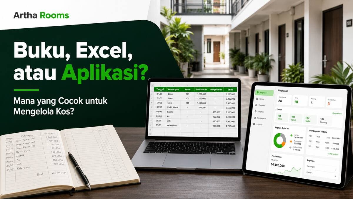 Perbandingan buku catatan, Excel, dan aplikasi Artha Rooms untuk mengelola kos