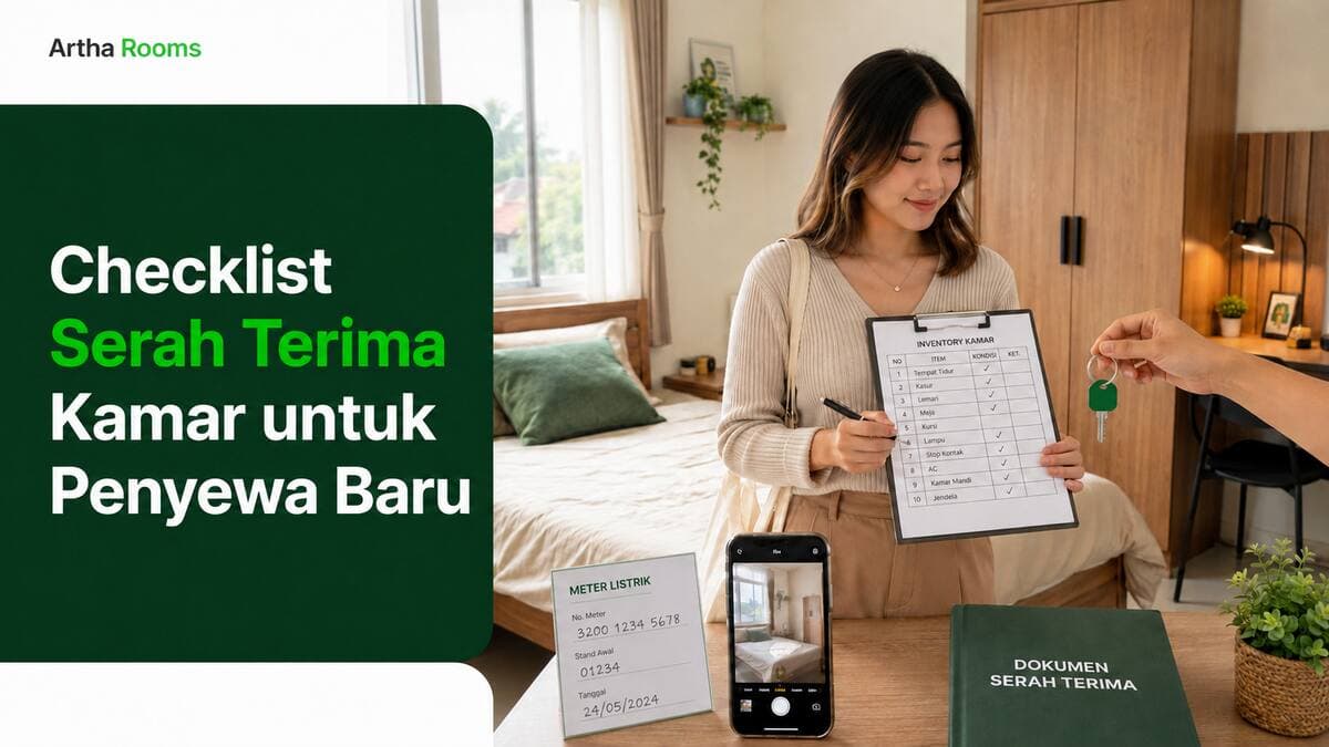 Penyewa baru memeriksa inventaris dan menerima kunci kamar kos